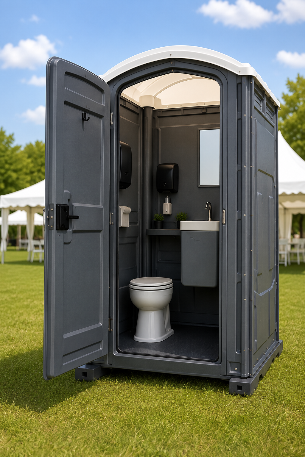 Deluxe flushing porta potty with sink
